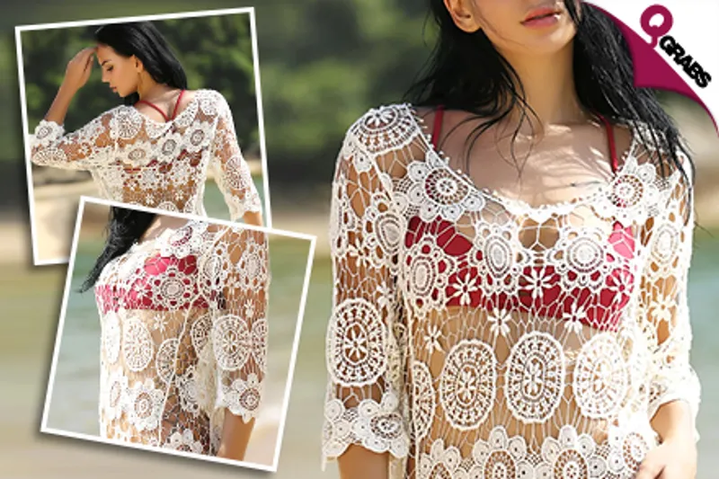 From QR89 Stay Stylish on the Beach with a White Crochet Cover-up Dress! (Up to QR298 Value)
